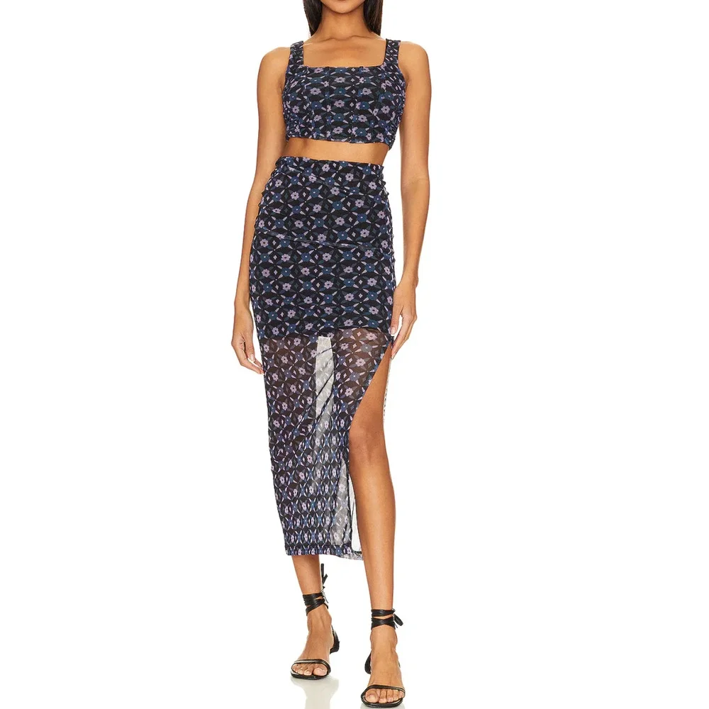 NEW FREE PEOPLE NIGHT SKY GALAXY CORSET FLORAL MESH 2 PIECE TOP SKIRT SET SZ S